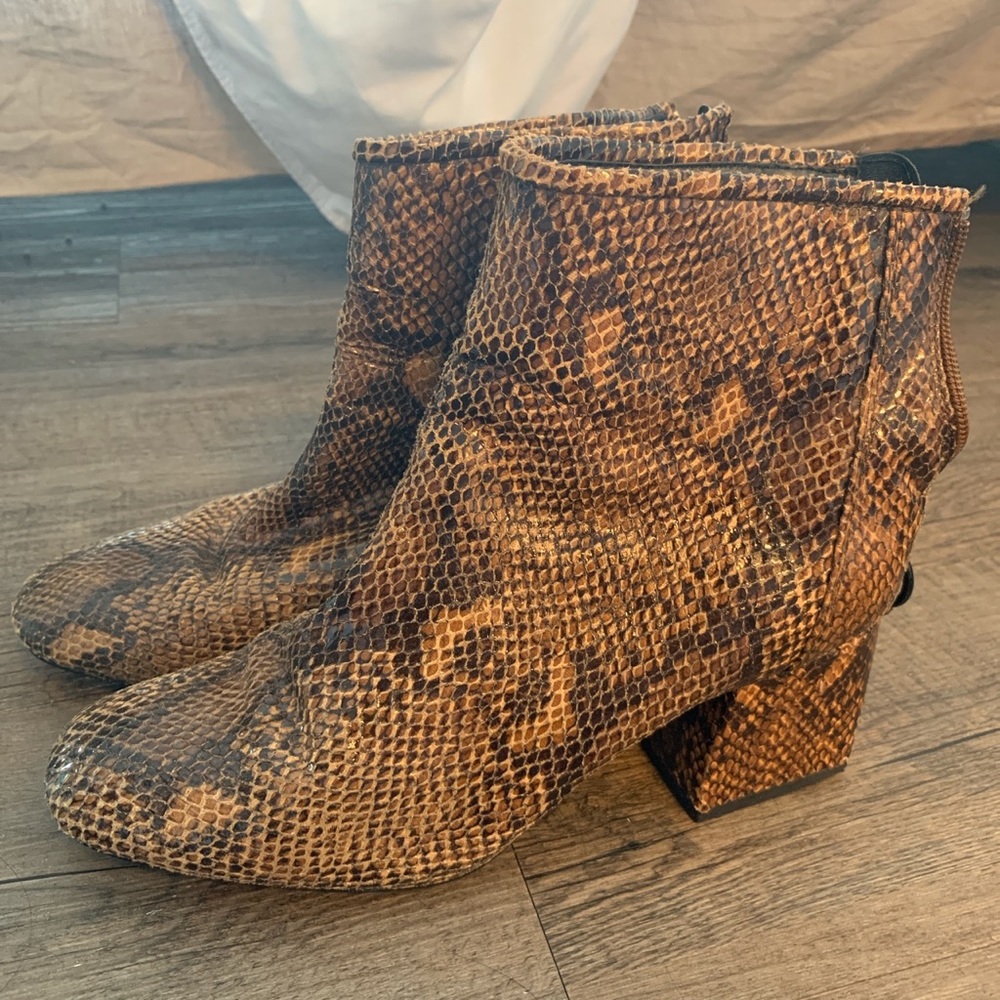 Faux brown snake print heeled ankle booties